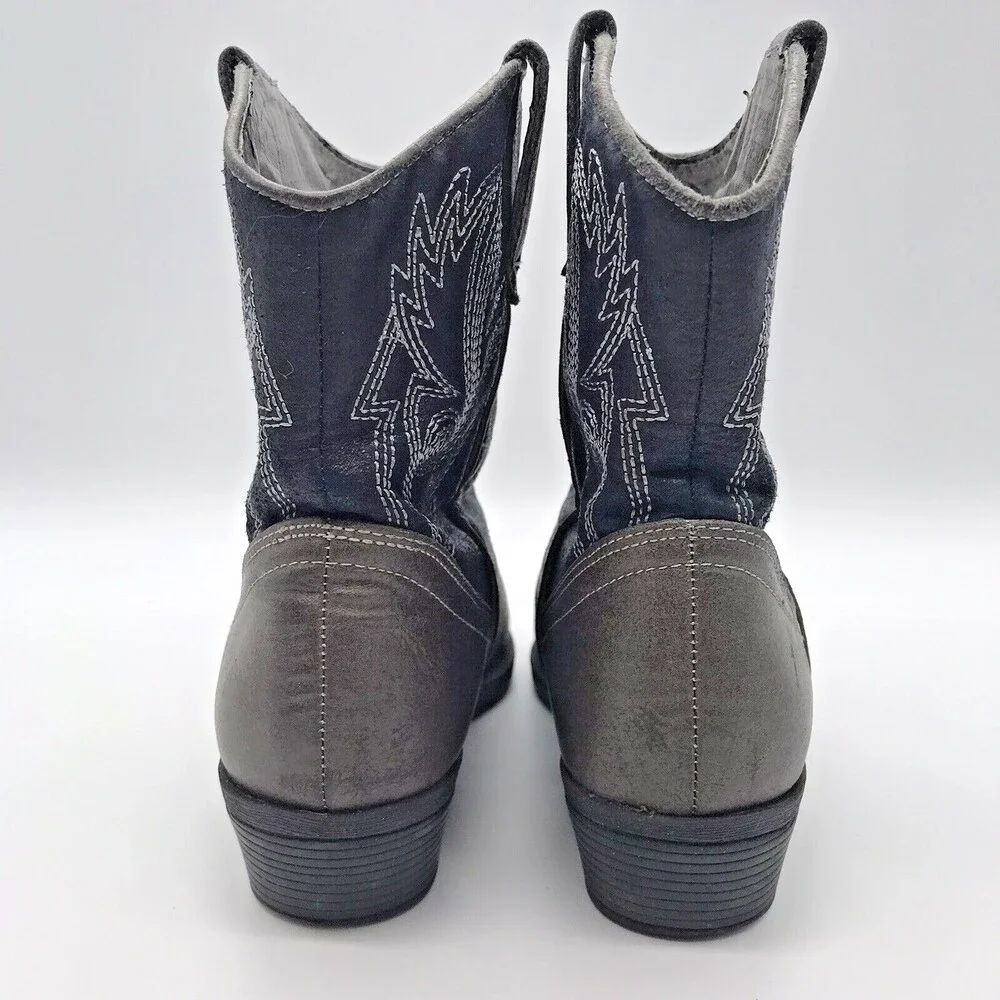 London Rebel Black Gray Embroidered Faux Leather Western Ankle Boots Women's 6M